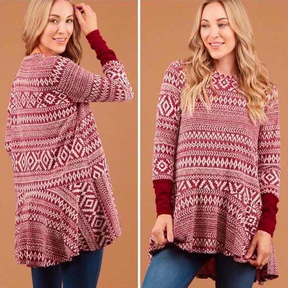 Warm Tunic Burgundy and Winter White Sweater - Picture 3 of 7